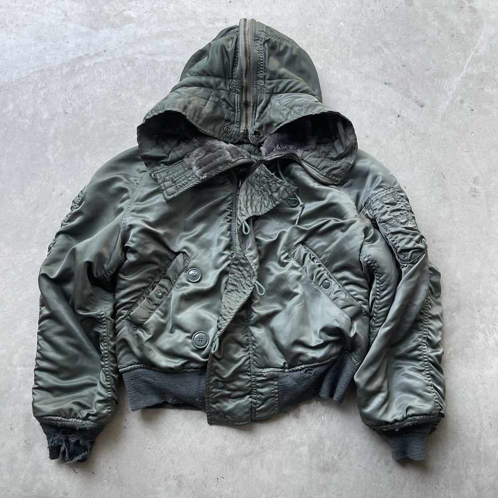 Vtg Alpha Industries Flying Man's Heavy Fur Jacket Hooded N-2B USA MIL Wool Fill